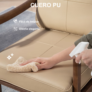 Butaca de Salón Sillón de Salón Tapizado en PU con Marco de Madera Cojines Acolchados Gruesos Respaldo Alto Carga 150 kg Sillón Lectura para Sala de Estar Dormitorio Caqui y Madera Nogal