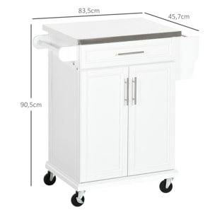 Isla de Cocina Mueble Auxiliar de Cocina Moderno Mueble Buffet Auxiliar con 4 Ruedas 1 Cajón 1 Toallero 1 Especiero y Estante Ajustable 83,5x45,7x90,5 cm Blanco