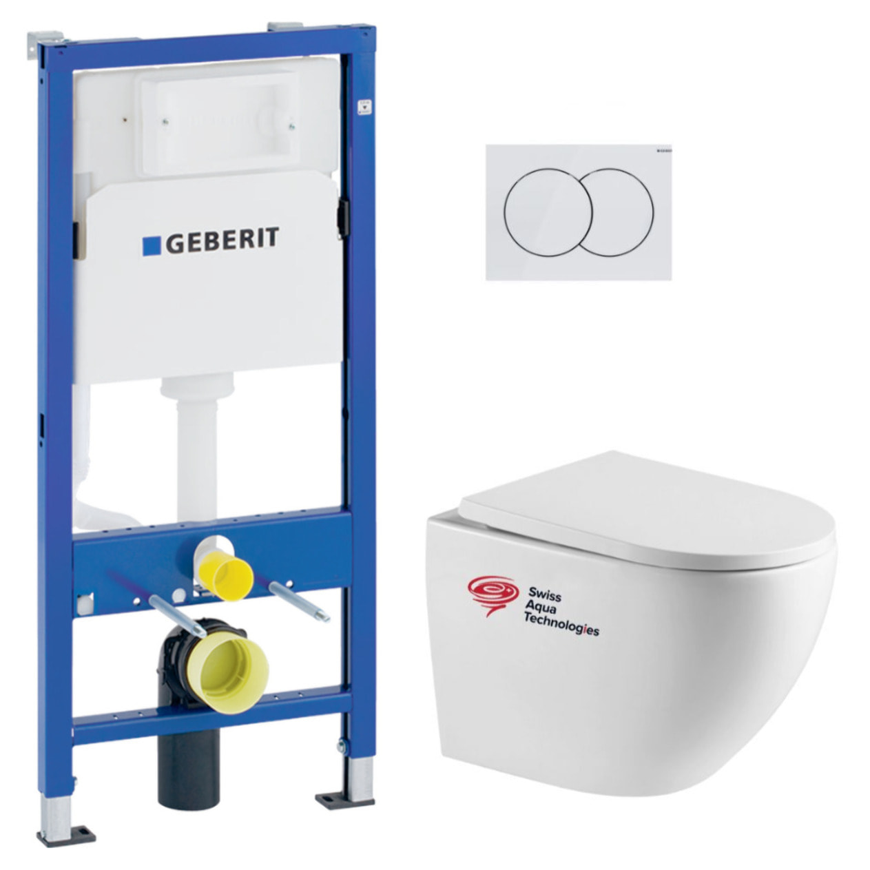 Pack bâti-support Geberit + WC suspendu Swiss Aqua Technologies + Plaque de commande, blanc (FUSIONTQGEB1)