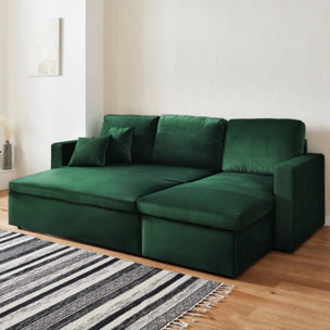 Canapé d'angle convertible en velours vert anglais 3 places. fauteuil d'angle réversible coffre rangement lit modulable