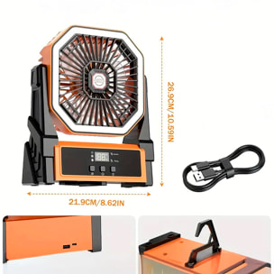 Ventilatore A18 con motore senza spazzole, LED con 36 luci, 4 velocità, 3 livelli di luce e timer. Angolo regolabile di 90° con gancio per appendere e powerbank da 10000 mAh.