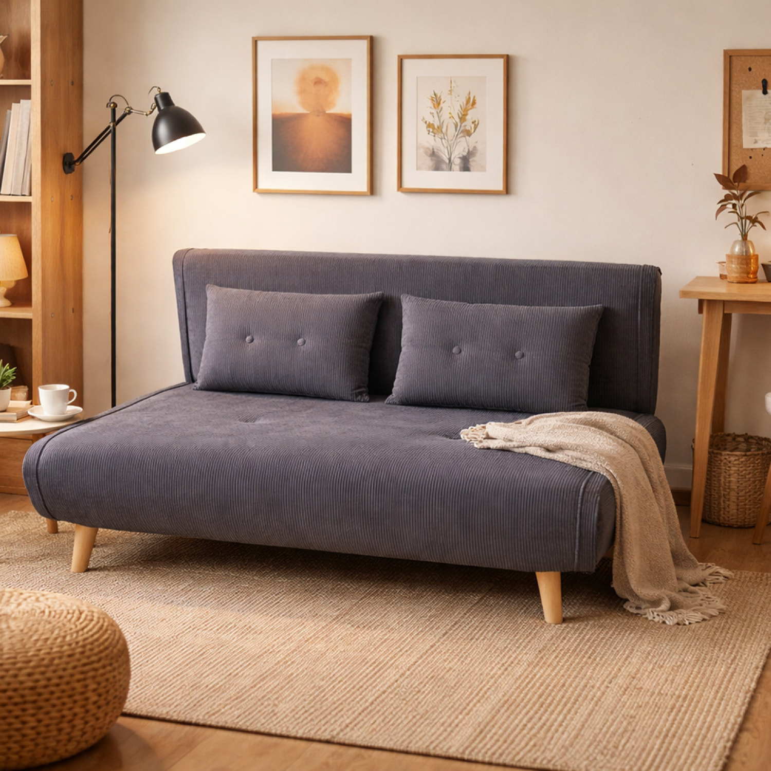 LIPIK Canapé convertible en velours côtelé gris 2 places