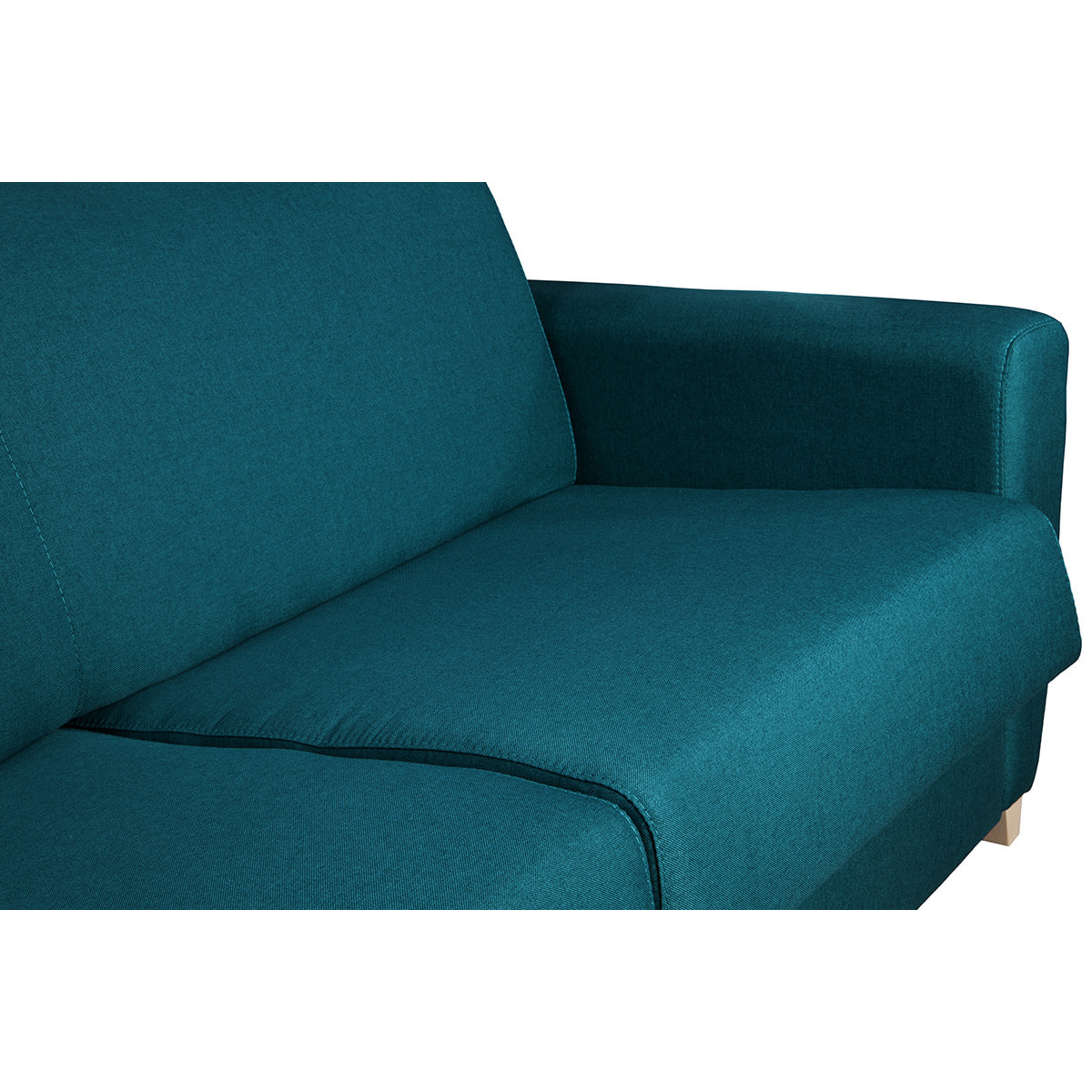 Canapé d'angle convertible réversible avec coffre 4 places en tissu bleu canard et bois clair GRAHAM