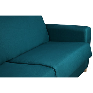 Canapé d'angle convertible réversible avec coffre 4 places en tissu bleu canard et bois clair GRAHAM