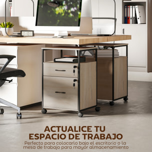 Cajonera de Oficina con 2 Cajones, Cajonera de Escritorio con Ruedas, Barra Colgante, Cerradura y 2 Llaves para A4 Carta, Archivador Móvil para Estudio, 44x40x66,5 cm, Natural