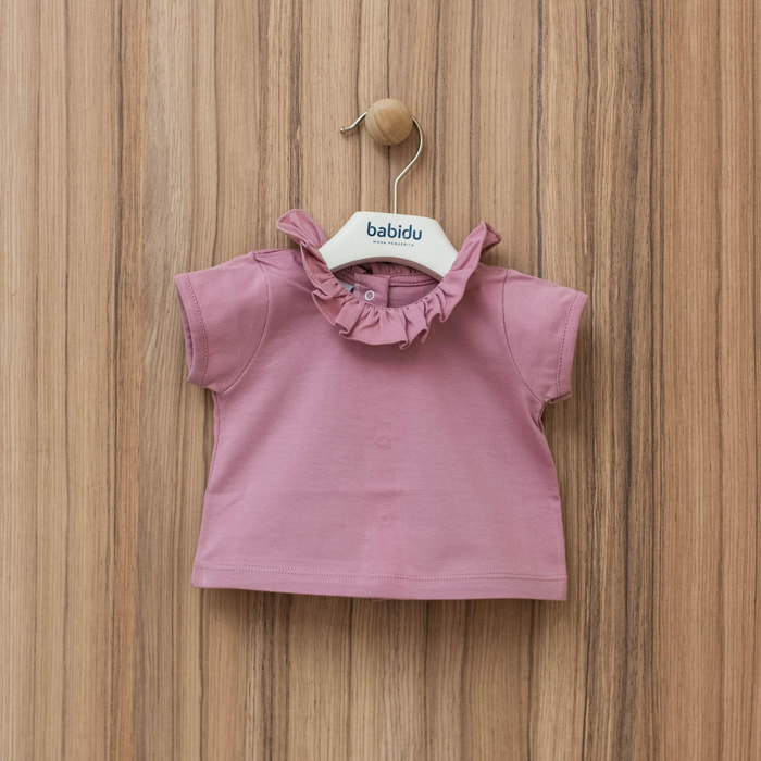 T-shirt a maniche corte con colletto a balze rosa-beige