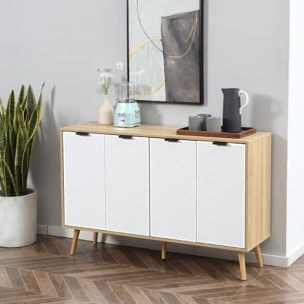 Buffet design scandinave 4 portes 2 étagères piètement bois de pin panneaux portes motif chevrons blanc aspect bois clair