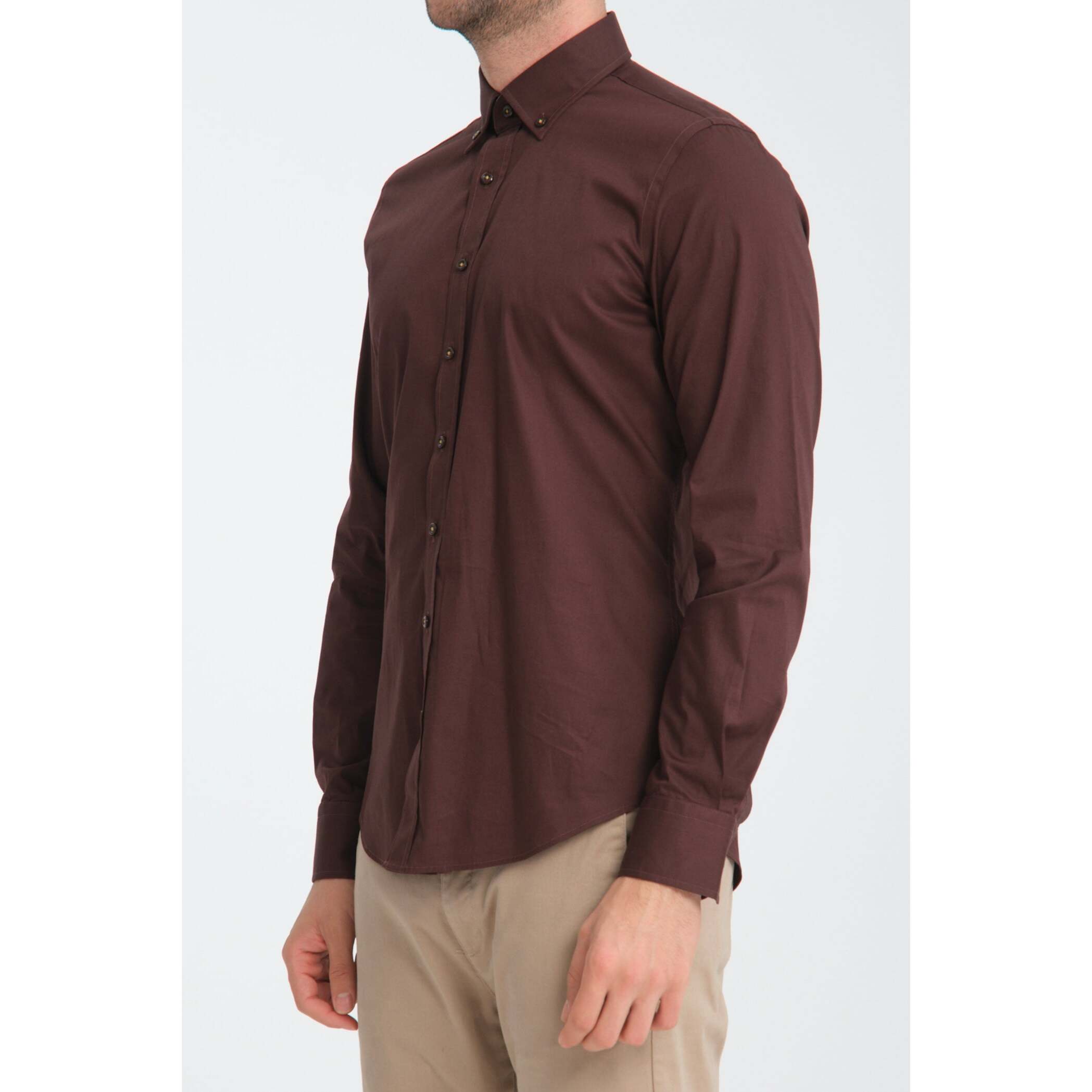 camicia uomo 1 bottone button down slim Popeline Stretch Unito Marrone