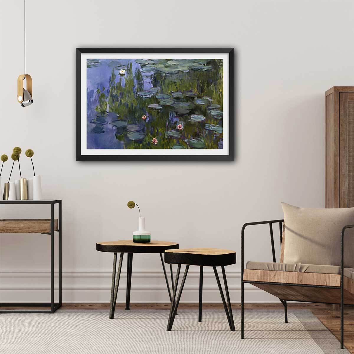 Poster Les Nympheas Claude Monet Affiche + cadre en bois - Noir