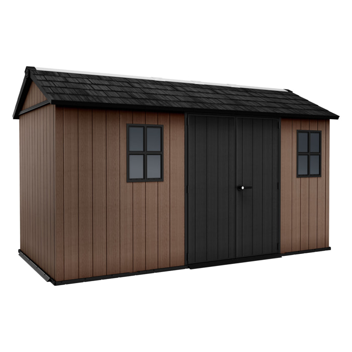Newton + 7513/1375- Casetta da Giardino 413x246x230 cm 2 Ante per deposito attrezzi finitura effetto legno Evotech+ in Resina Marrone e Nero