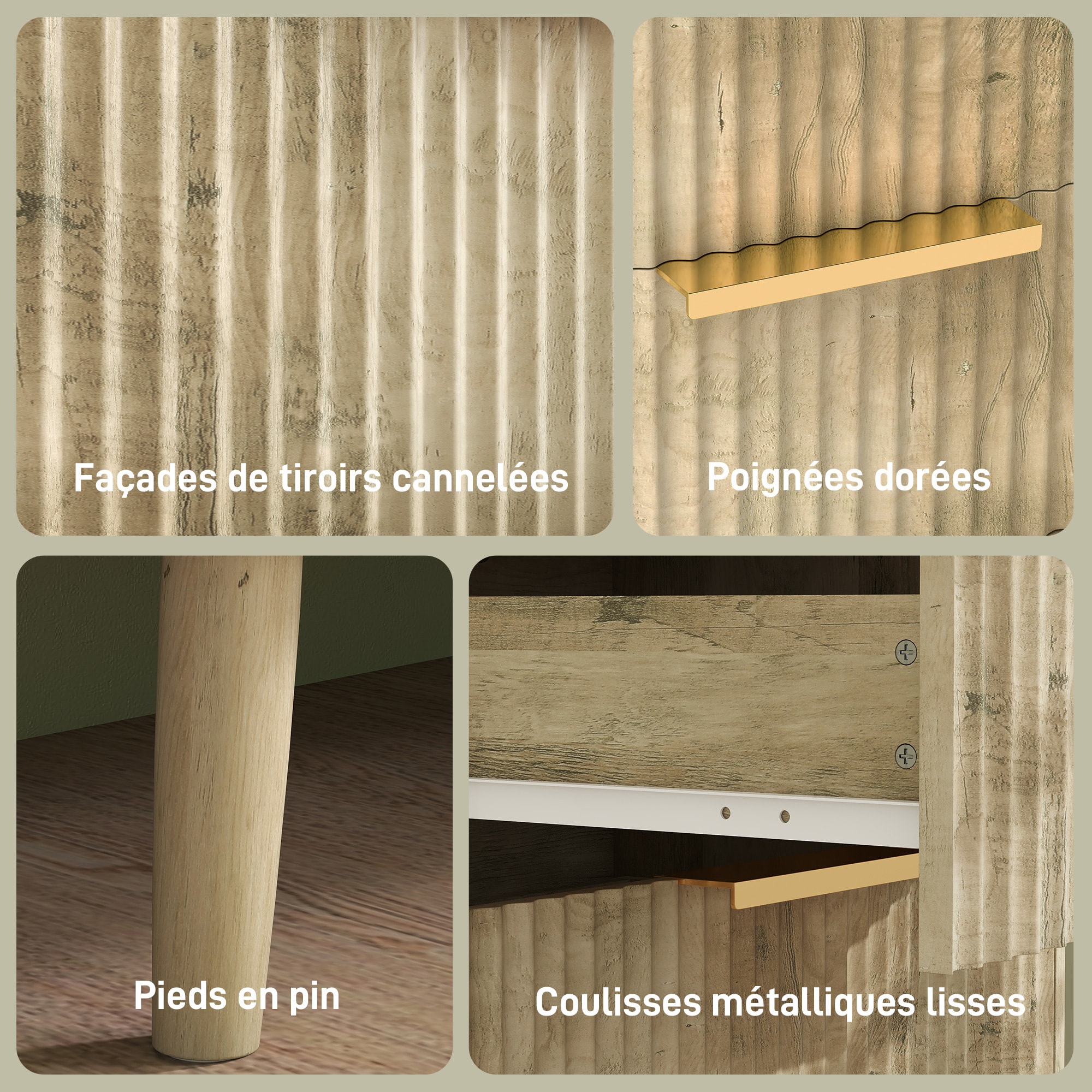 Commode 6 tiroirs effet bois façades cannelées poignées métal doré