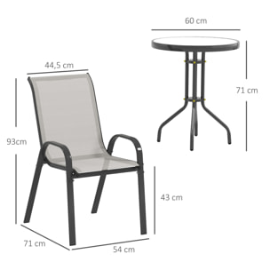 Conjunto de Mesa y Sillas de Terraza Exterior de 3 Piezas, Muebles de Jardín Exterior con Sillas Apilables, Encimera de Vidrio y Estructura de Acero, para Patio, Gris Claro