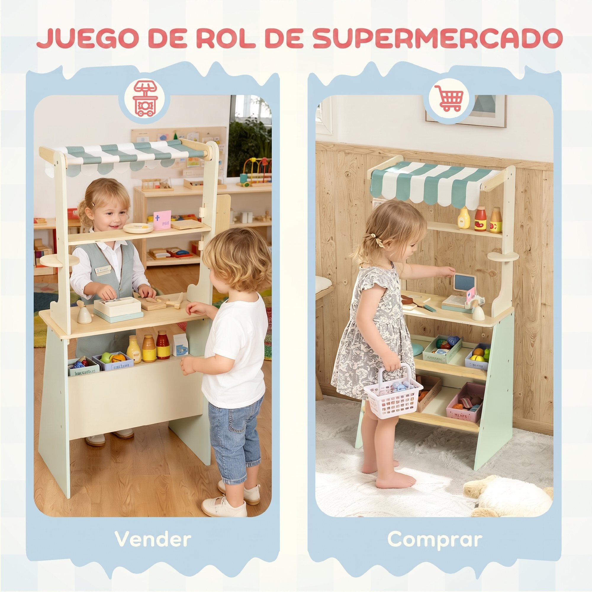 AIYAPLAY Supermercado de Juguete de Madera, Caja Registradora con Escáner y Tarjeta, Puesto de Mercado Infantil con Pizarra, Cajas, Toldo y Accesorios, Regalo para Niños de +3 Años, Verde
