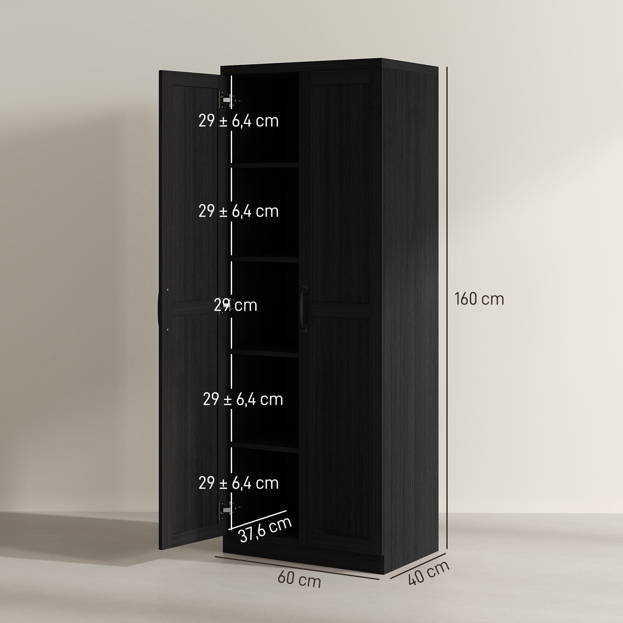 Buffet haut - armoire cuisine - 4 étagères réglables - dim. 60 x 40 x 160 cm - effet bois noir
