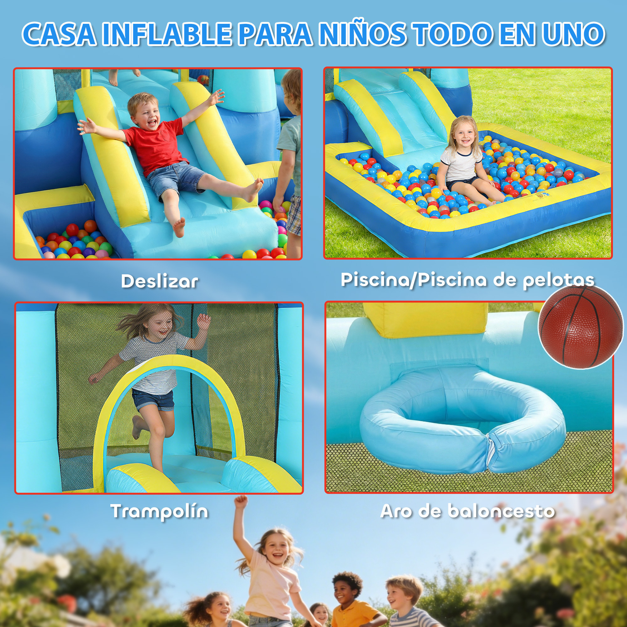 Castillo Hinchable para Niños con Soplador, Castillo Hinchable con Tobogán, Cama Elástica, Piscina y Aro de Baloncesto, para Niños 3-8 Años, Interior y Exterior, 364x173x182 cm, Azul