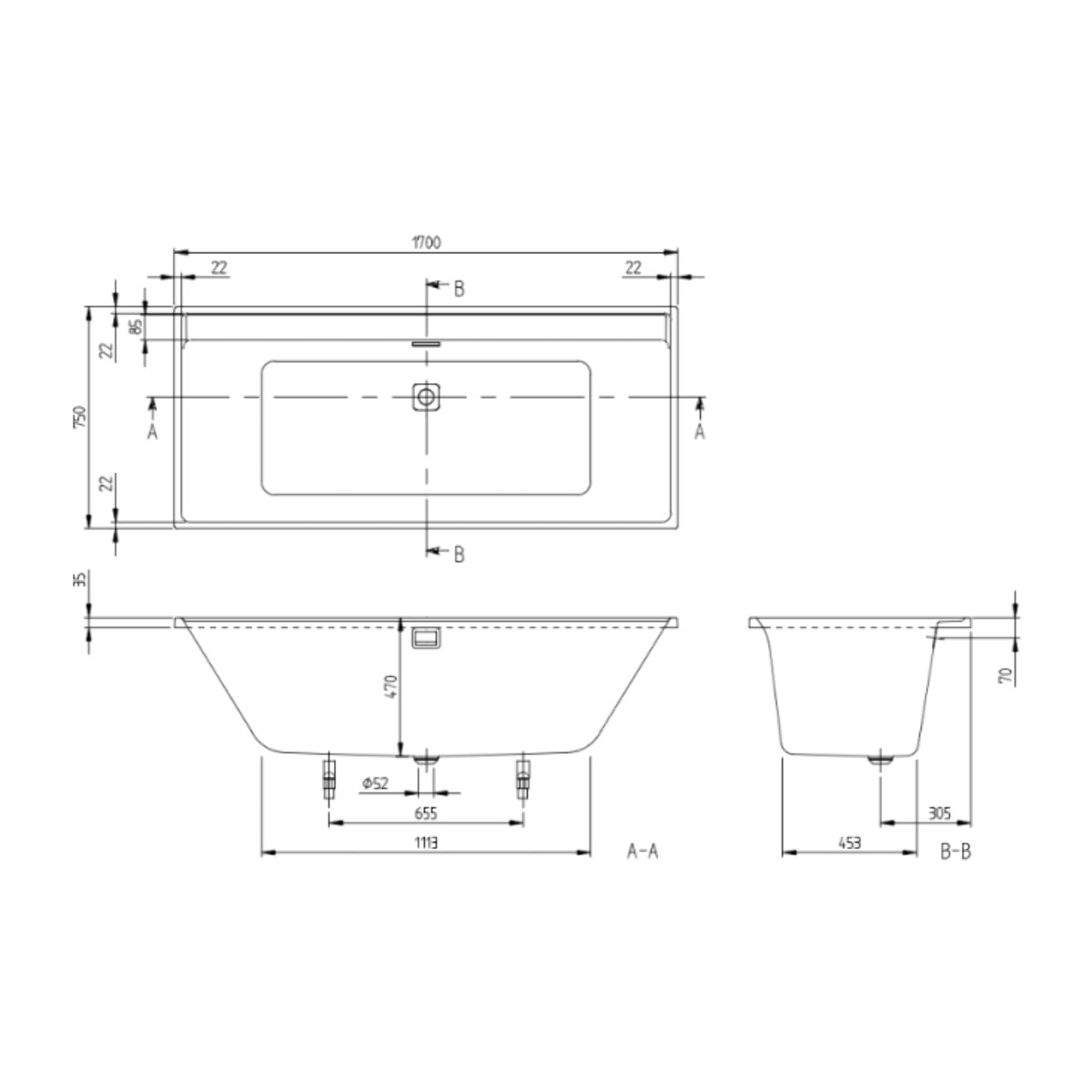 Baignoire droite 170 x 75 VILLEROY & BOCH Collaro acrylique blanc mat avec vidage et trop plein blanc mat
