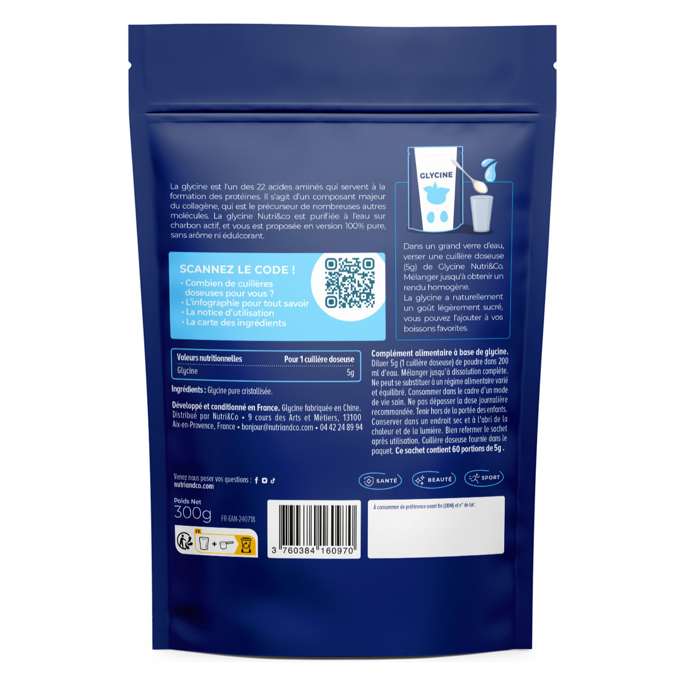 Nutri&Co Glycine Crystallisée 100% Pure en Poudre - 300g Vegan