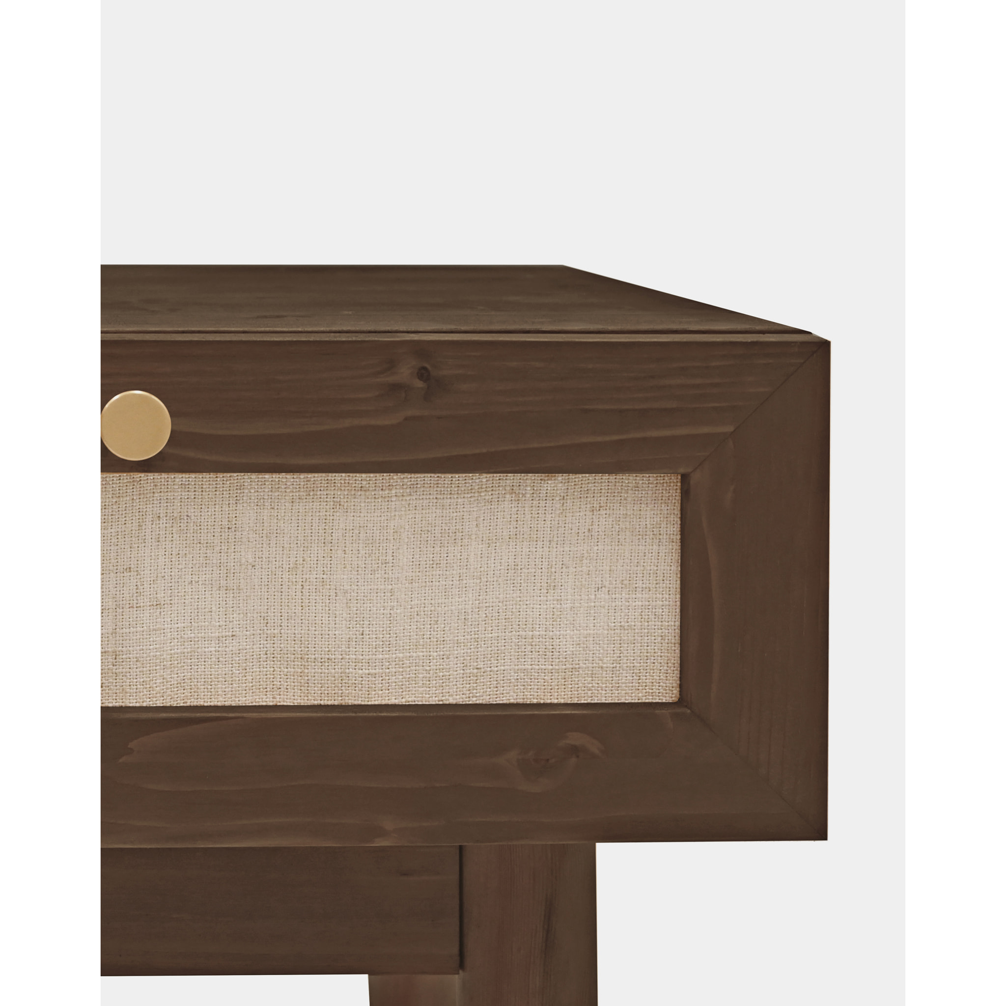 Table basse avec tiroir en bois massif et tissu lin ton noyer 45x40cm Hauteur: 45 Longueur: 40 Largeur: 37