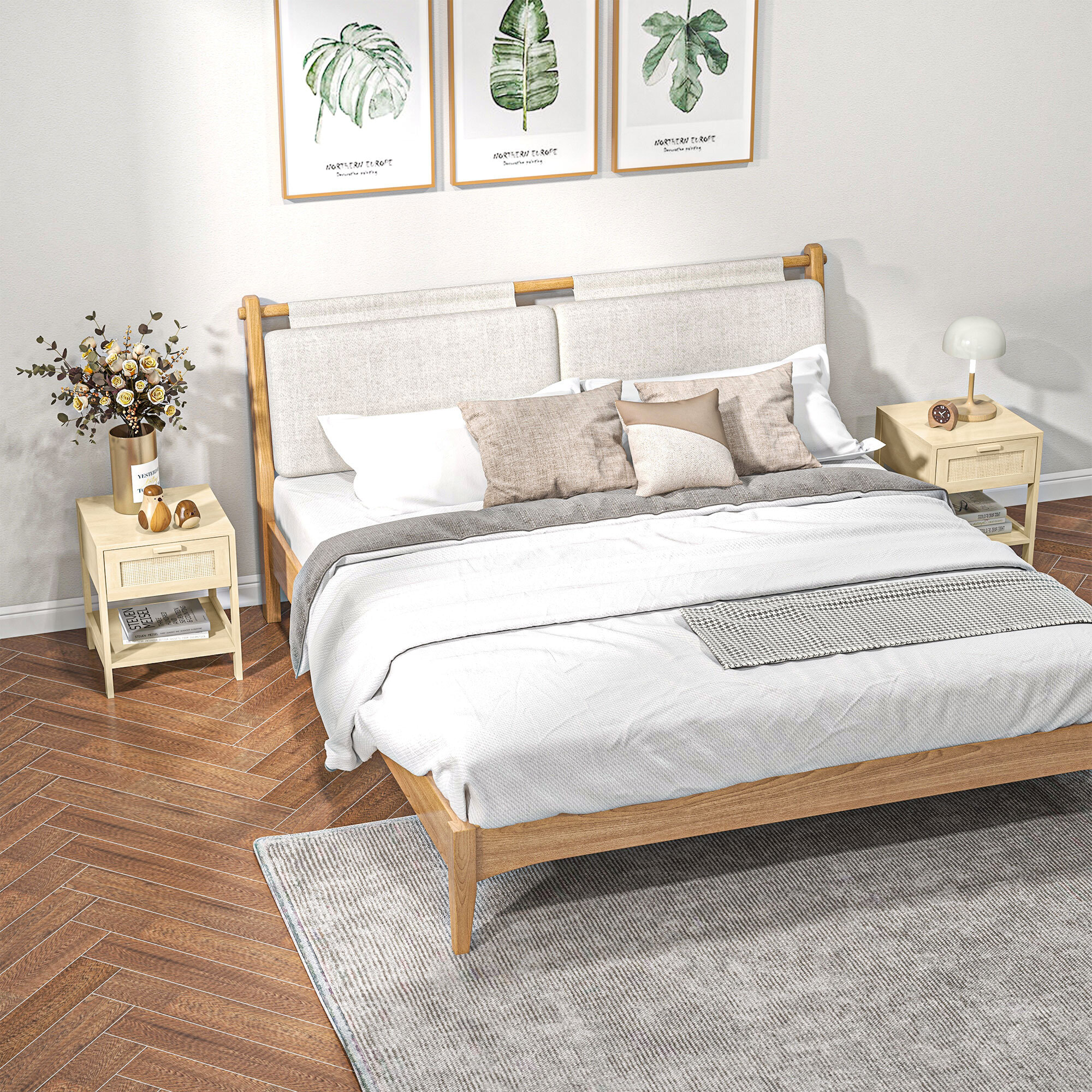 Conjunto 2 Mesitas de Noche Mesillas de Noche con Cajón de Ratán y Estante Inferior Carga 40 kg para Dormitorio Sala 40x40x48 cm Natural