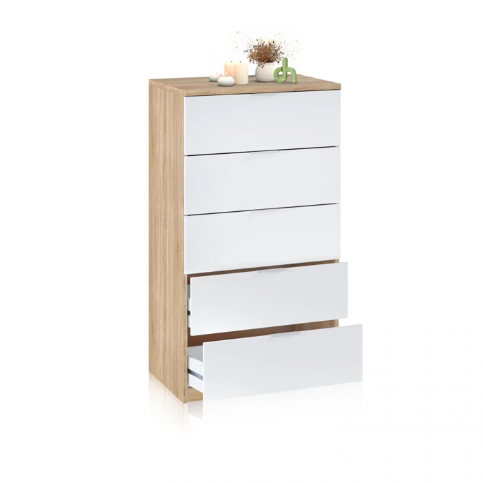 Cómoda de 5 cajones formato vertical en blanco mate y roble canadian 60x110 cm Akari Blanco Artik (Blanco Mate) - Roble Canadian