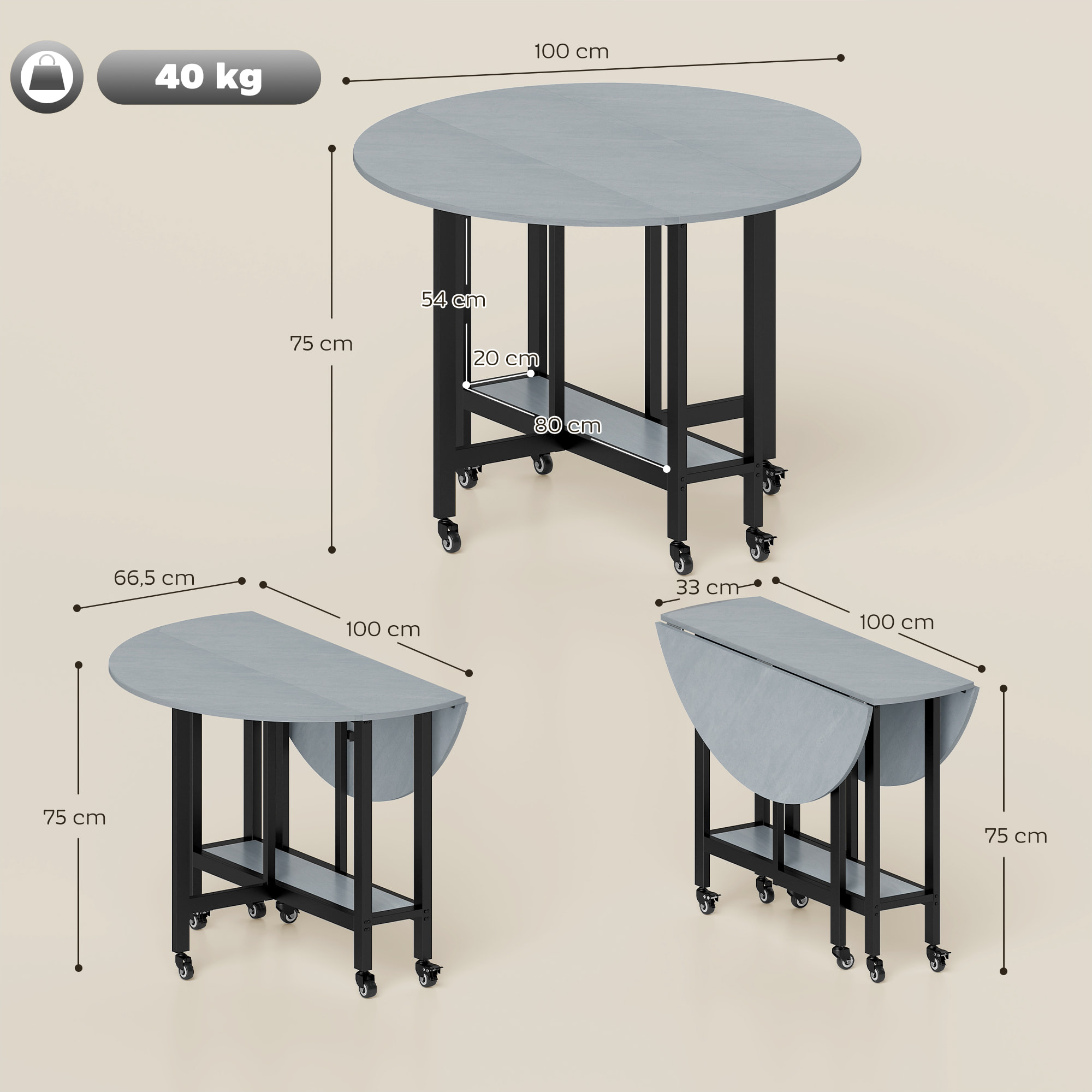 Mesa Plegable de Comedor para 2-4 Personas, Mesa de Cocina Plegable con Ruedas, Alas Abatibles, Estante Abierto, para Salón, 100x100x75 cm, Gris Cemento