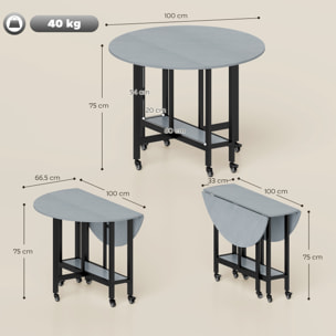 Mesa Plegable de Comedor para 2-4 Personas, Mesa de Cocina Plegable con Ruedas, Alas Abatibles, Estante Abierto, para Salón, 100x100x75 cm, Gris Cemento