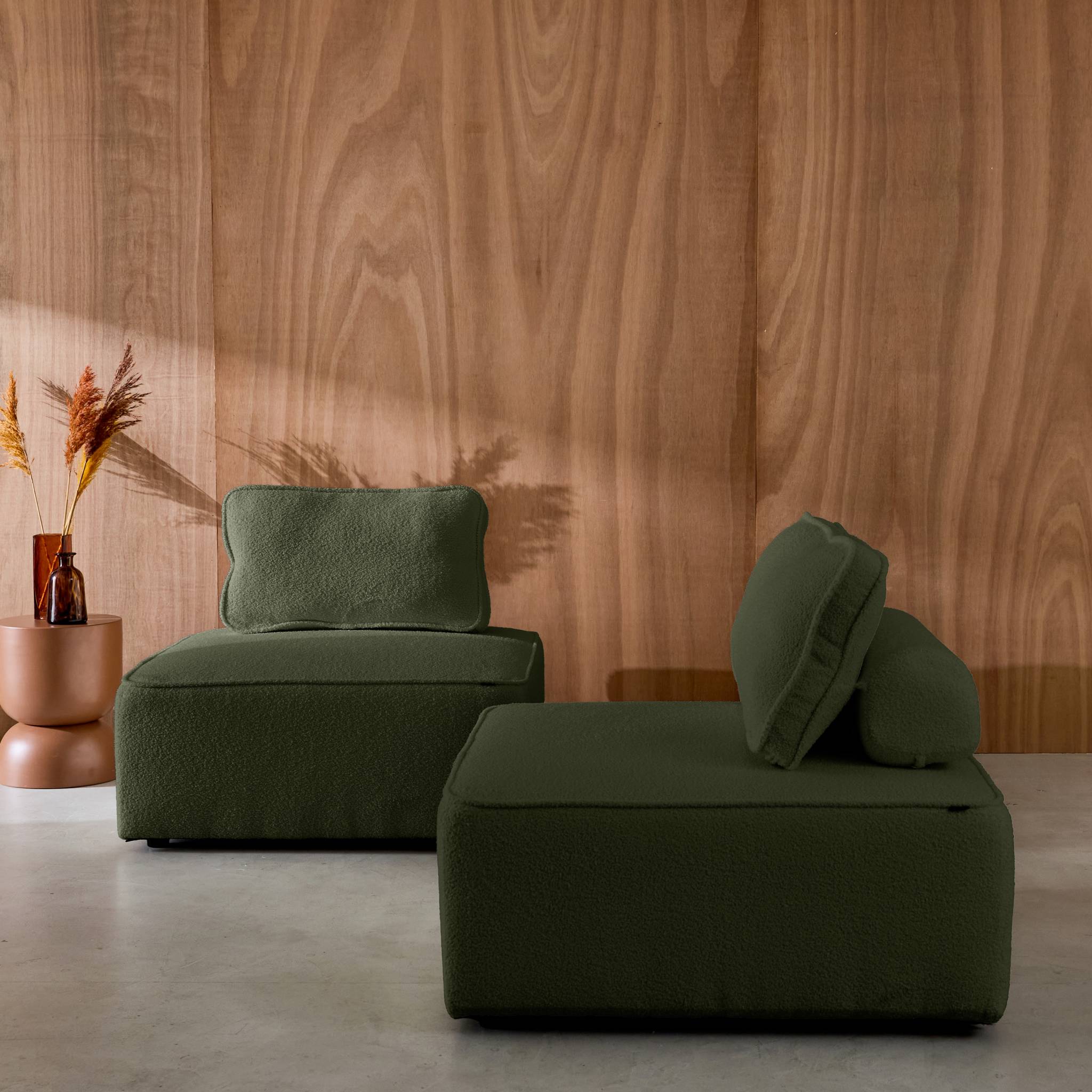 Lot de 2 chauffeuses pour canapé modulable tissu bouclette kaki 1 place Bao. L 90 x P 90 x H 74cm