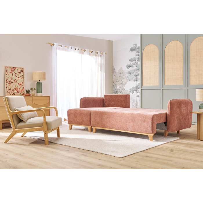 Canapé d'angle convertible et réversible 3-4 places en tissu effet velours terre brûlée et bois clair ROMANE