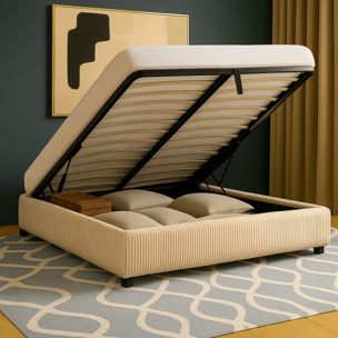 Lit coffre Cancun | Espace de Stockage jusqu'à 900 L | Robuste et Large Angle d’Ouverture | Velours Côtelé | Beige