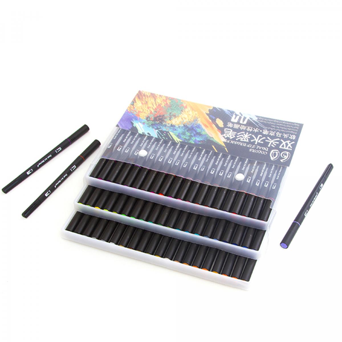 Set di 60 pennarelli DUAL ART BLACK LINE a doppia estremità, punta fine 0,4 mm e punta a pennello professionale per acquerello. Forma triangolare ergonomica per scritte, calligrafia, illustrazioni...