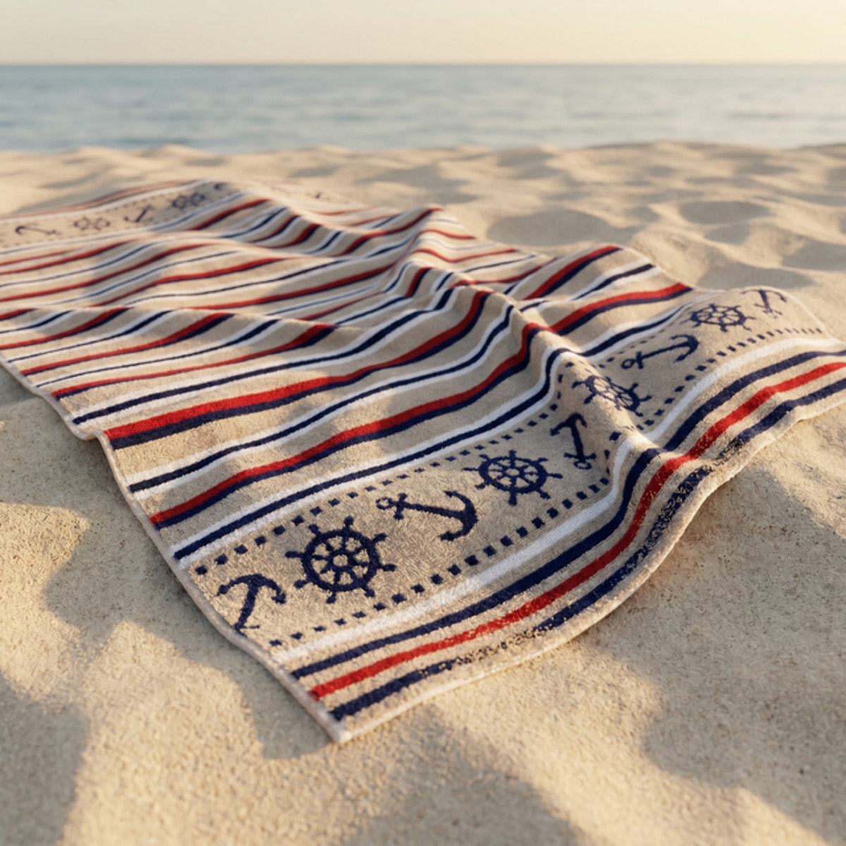 Telo mare in spugna jacquard, 90x165 cm, 100% cotone egiziano, morbido e super assorbente, design nautico elegante con righe marine e ancore, resistente e certificato OEKO-TEX, ideale per mare piscina spa e barca