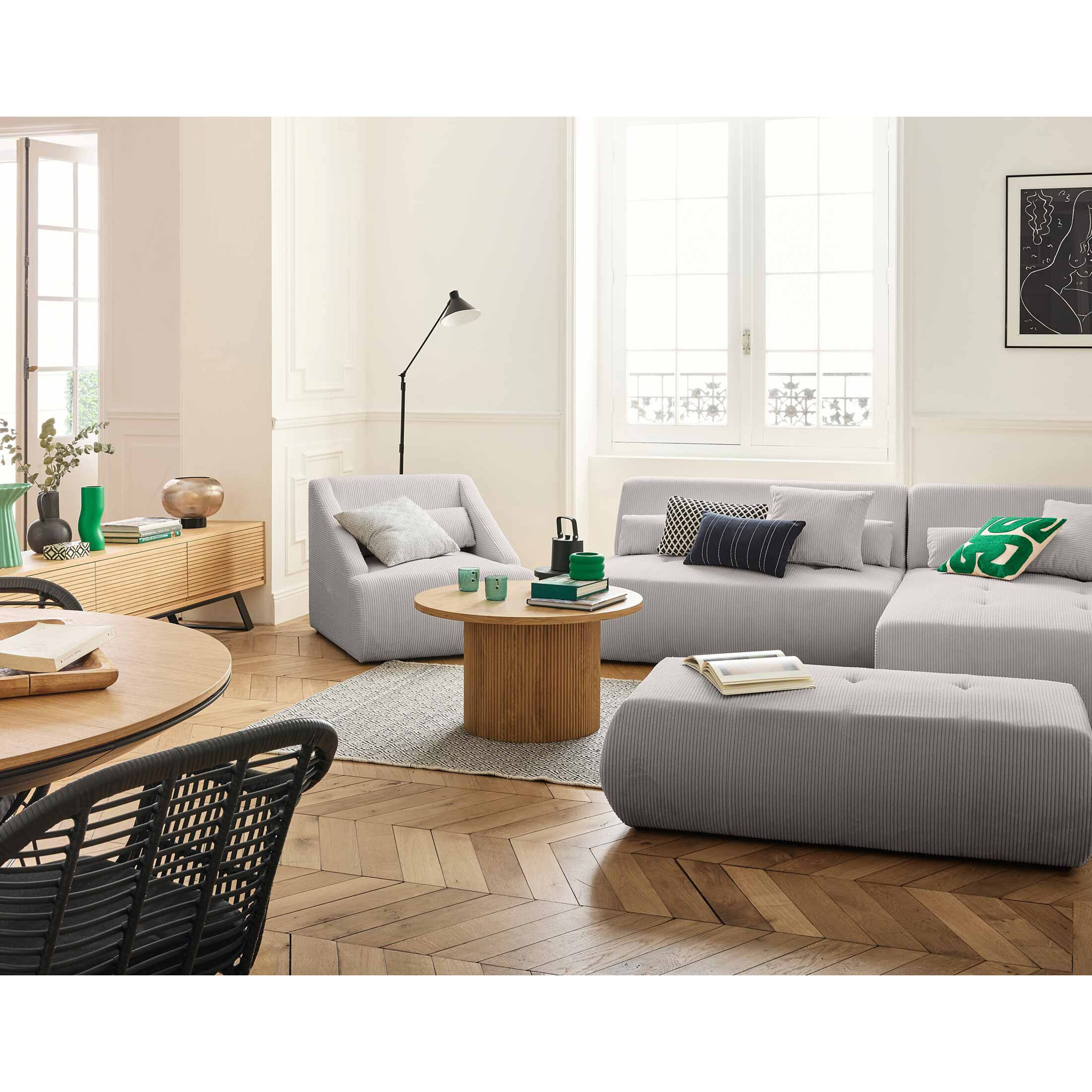 Onyx - canapé modulable d'angle droit - 5 places - en velours côtelé - Gris clair
