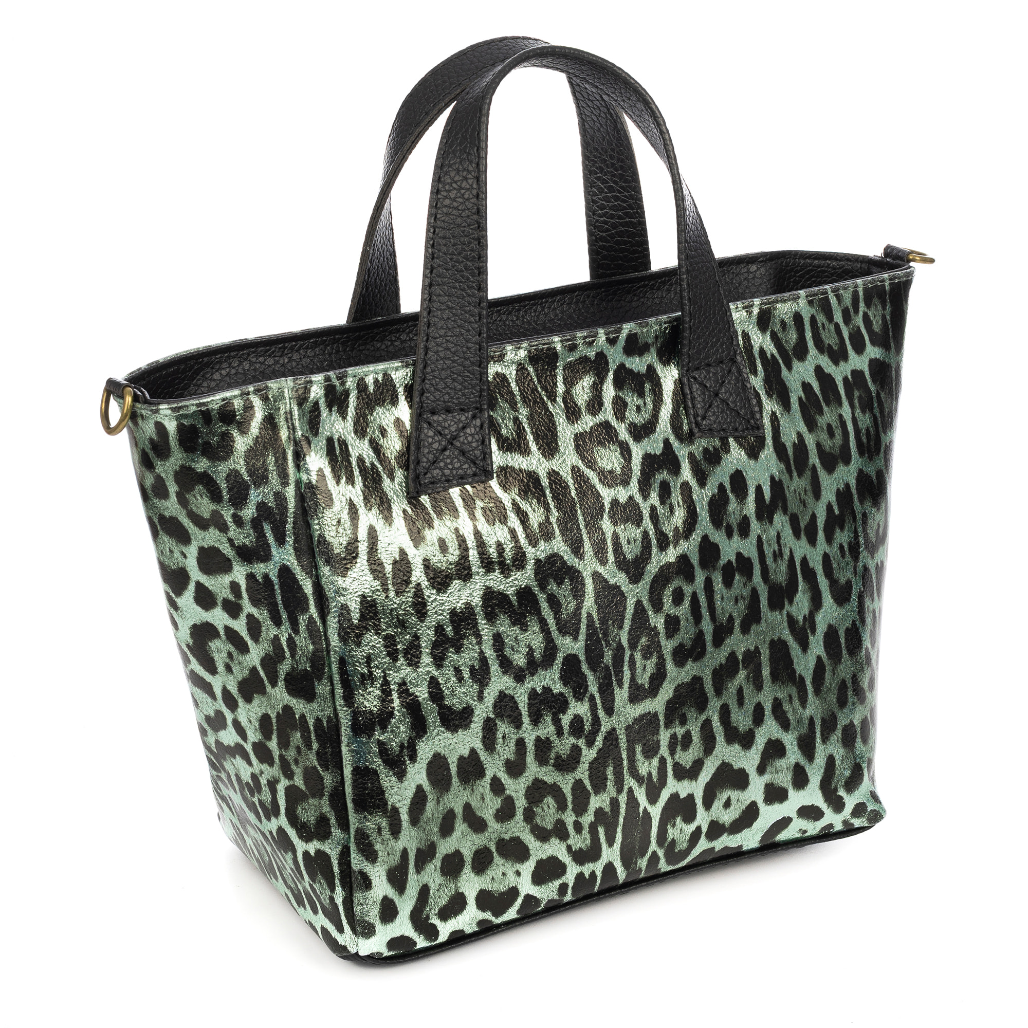 Cassandra borsa tote donna. Pelle autentica Camoscio, stampa animale leopardata, laccato lucido.