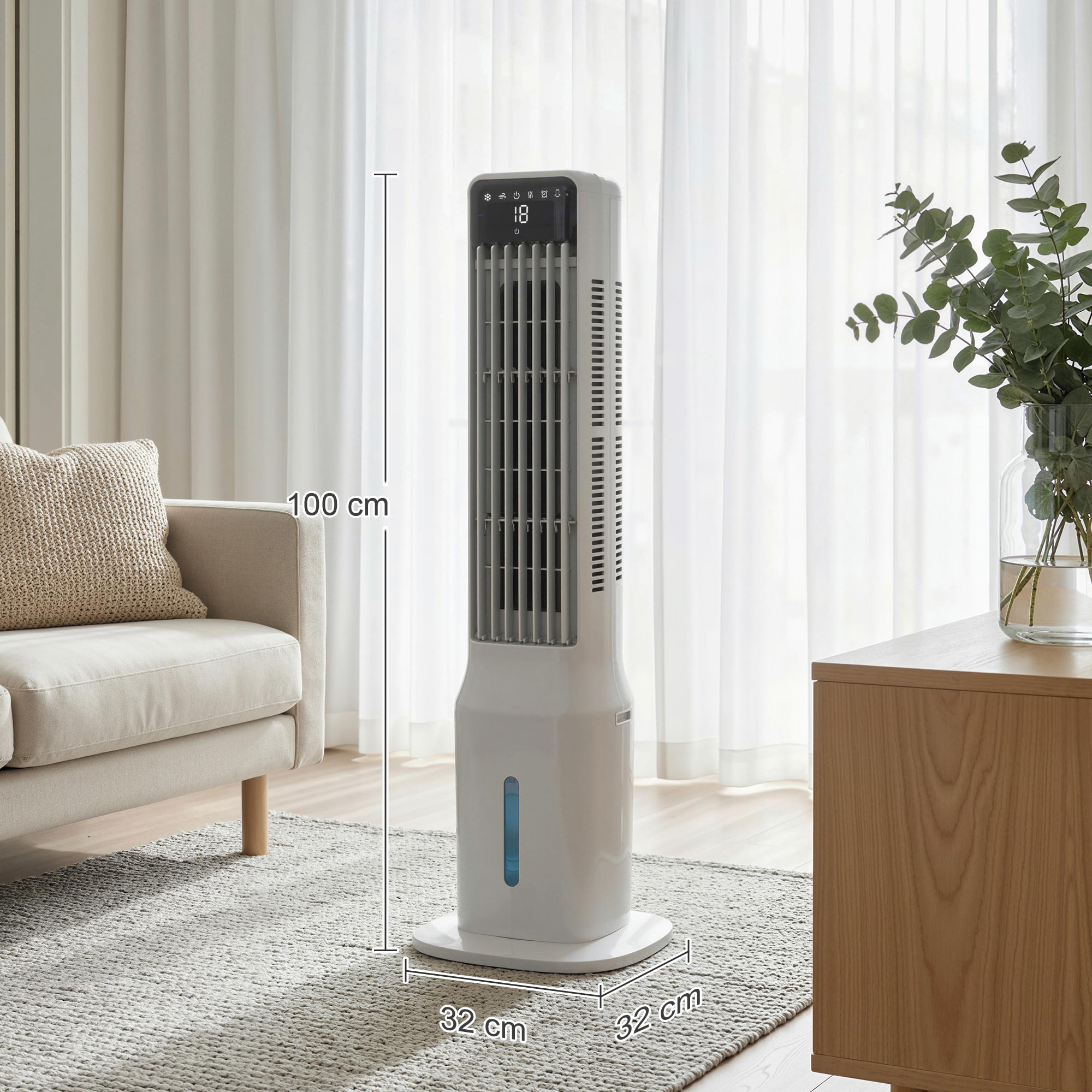 Climatizador Evaporativo de Torre 3 en 1, Enfriador de Aire Portátil con Depósito de 9 L, Oscilación 48°, 3 Velocidades, 3 Modos, Temporizador 24h y Mando a Distancia, 2 Acumuladores de Frío