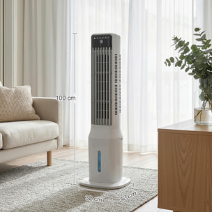 Climatizador Evaporativo de Torre 3 en 1, Enfriador de Aire Portátil con Depósito de 9 L, Oscilación 48°, 3 Velocidades, 3 Modos, Temporizador 24h y Mando a Distancia, 2 Acumuladores de Frío