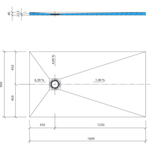 Receveur de douche à carreler 160 x 90 WEDI Fundo Primo rectangle écoulement excentré + bonde horizontale + kit d'étanchéité