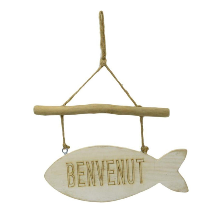 Targhetta Mare in legno bianco con scritta "benvenuti" nel pesce cm31x20,5x2