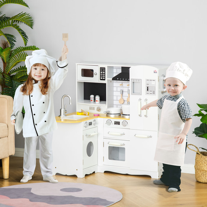 Cocina de Juguete de Madera para Niños de +3 Años con Sonidos 14 Accesorios Cocinita Infantil con Teléfono Fregadero Extraíble Microondas y Grifo 82x65x87 cm Blanco