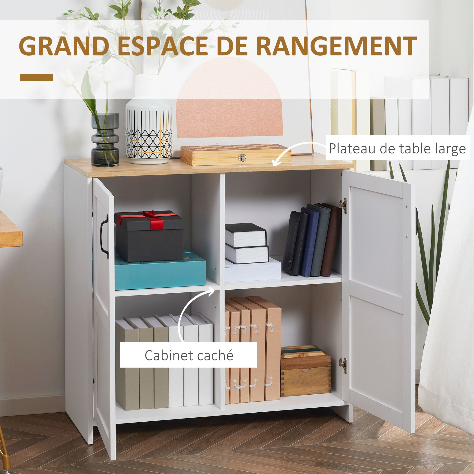 Buffet 2 portes 2 étagères réglables panneaux particules blanc aspect bois clair