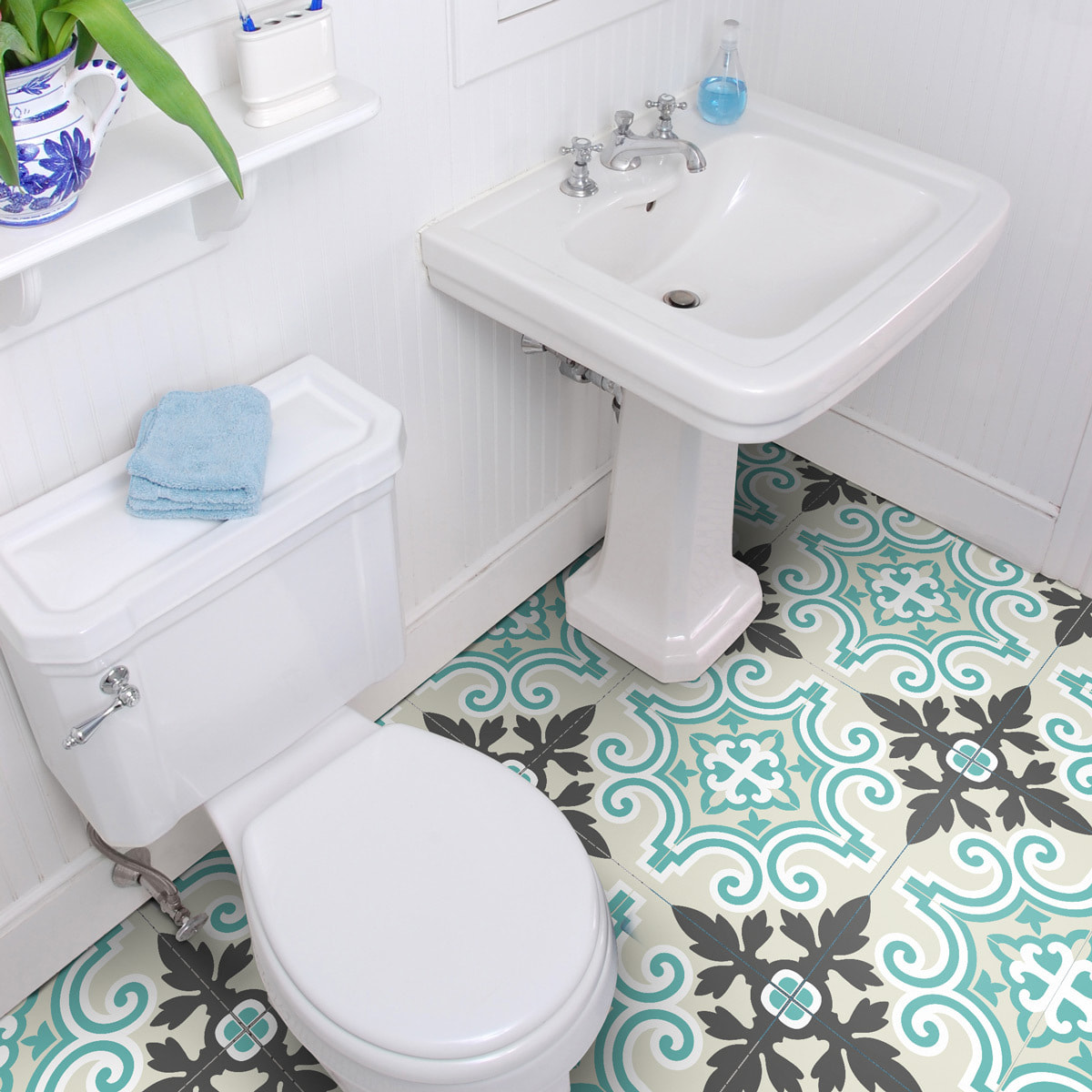Sticker Sol Carreaux de Ciment azulejos avec laminat de Protection en Plastique Anti-dérapant | Stickers Sol - 4 STICKERS SOL CARRELAGES ANTONIO ANTI-DÉRAPANT