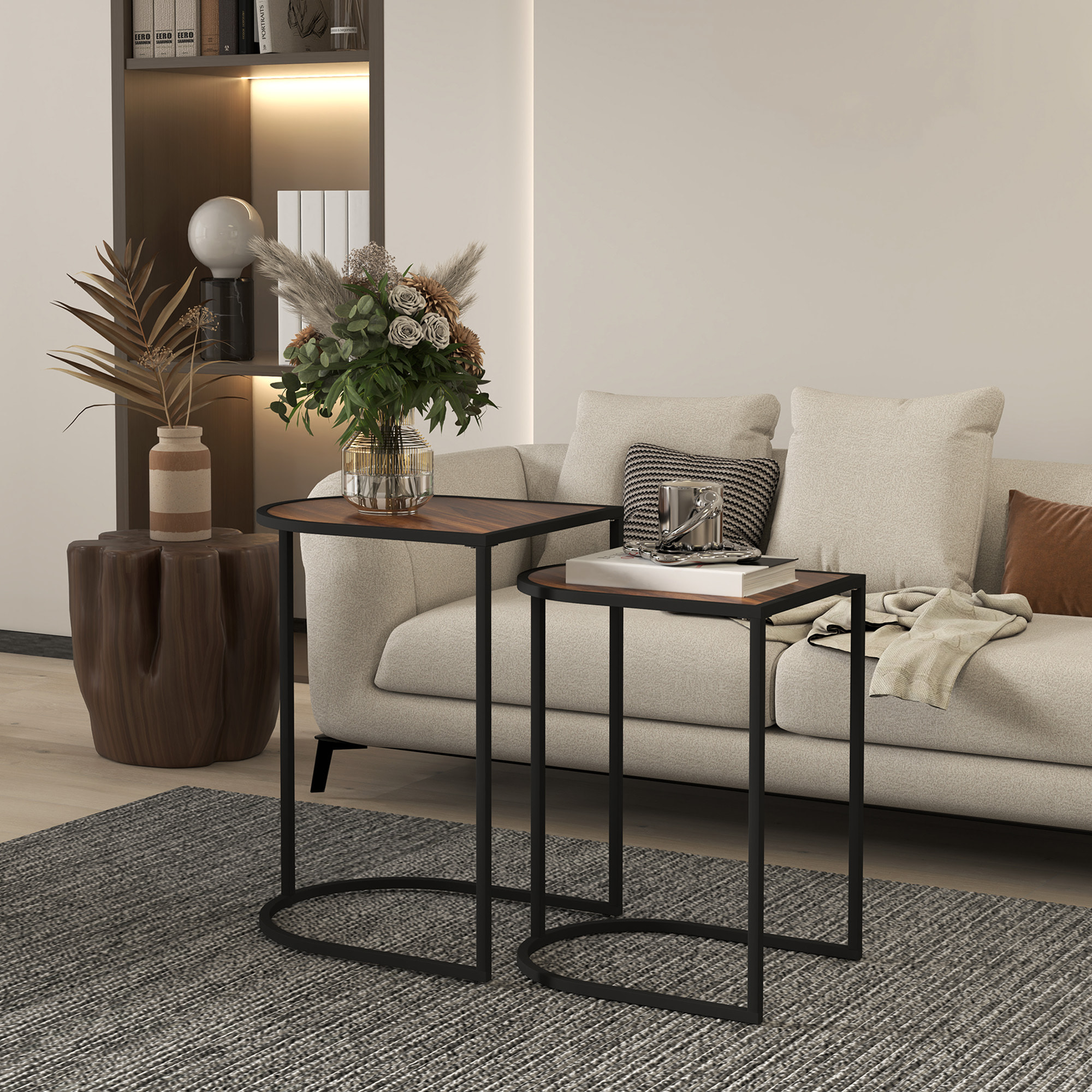 Mesas Auxiliares para Salón Mesas Nido de 2 Piezas con Marco de Acero Mesas de Centro Pequeñas para Dormitorio Sala de Estar Marrón Rústico