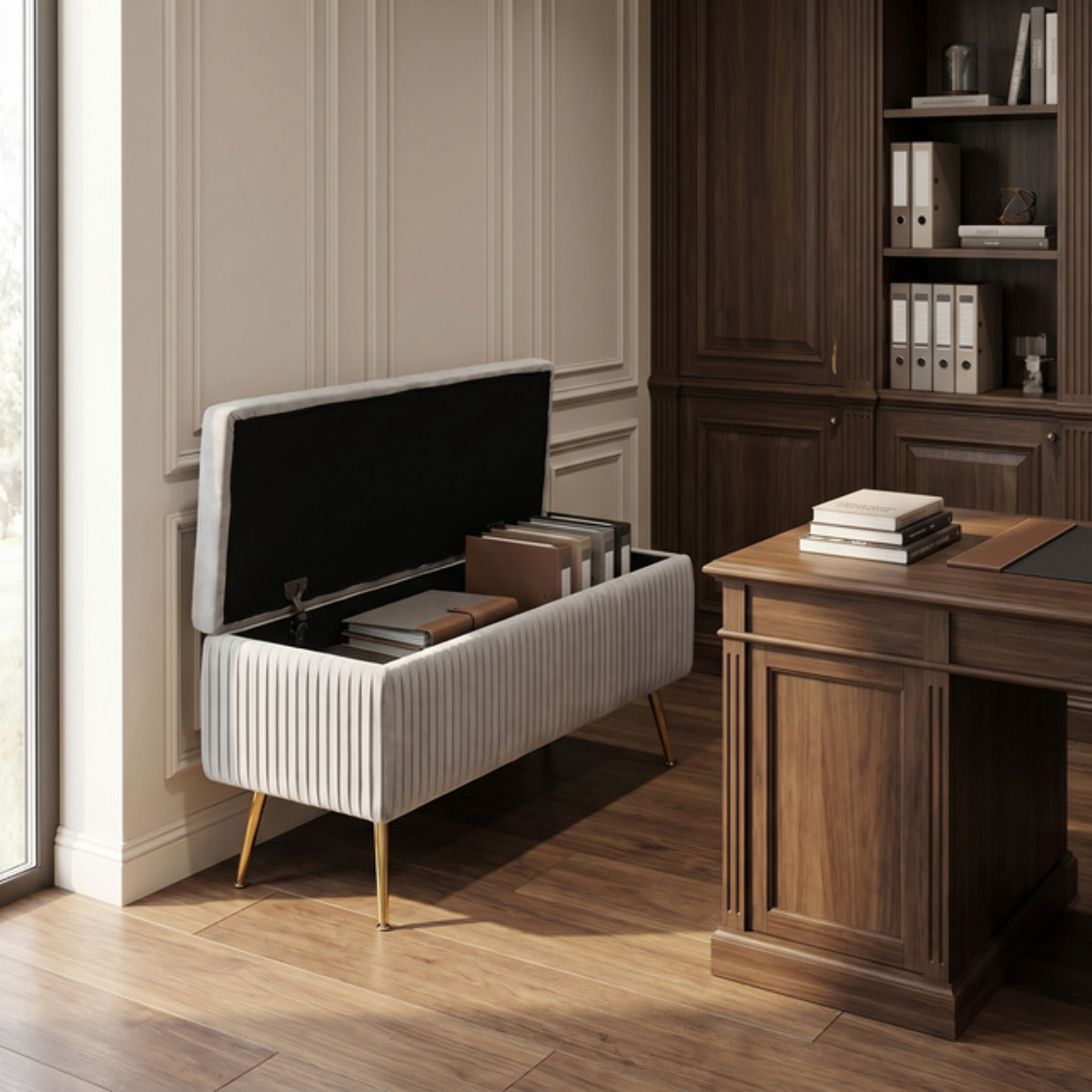 Panca Contenitore in Effetto Velluto a Coste con Ampio Vano Contenitore, Seduta Imbottita e Gambe in Acciaio, Design Moderno per Camera da Letto, Ingresso e Soggiorno