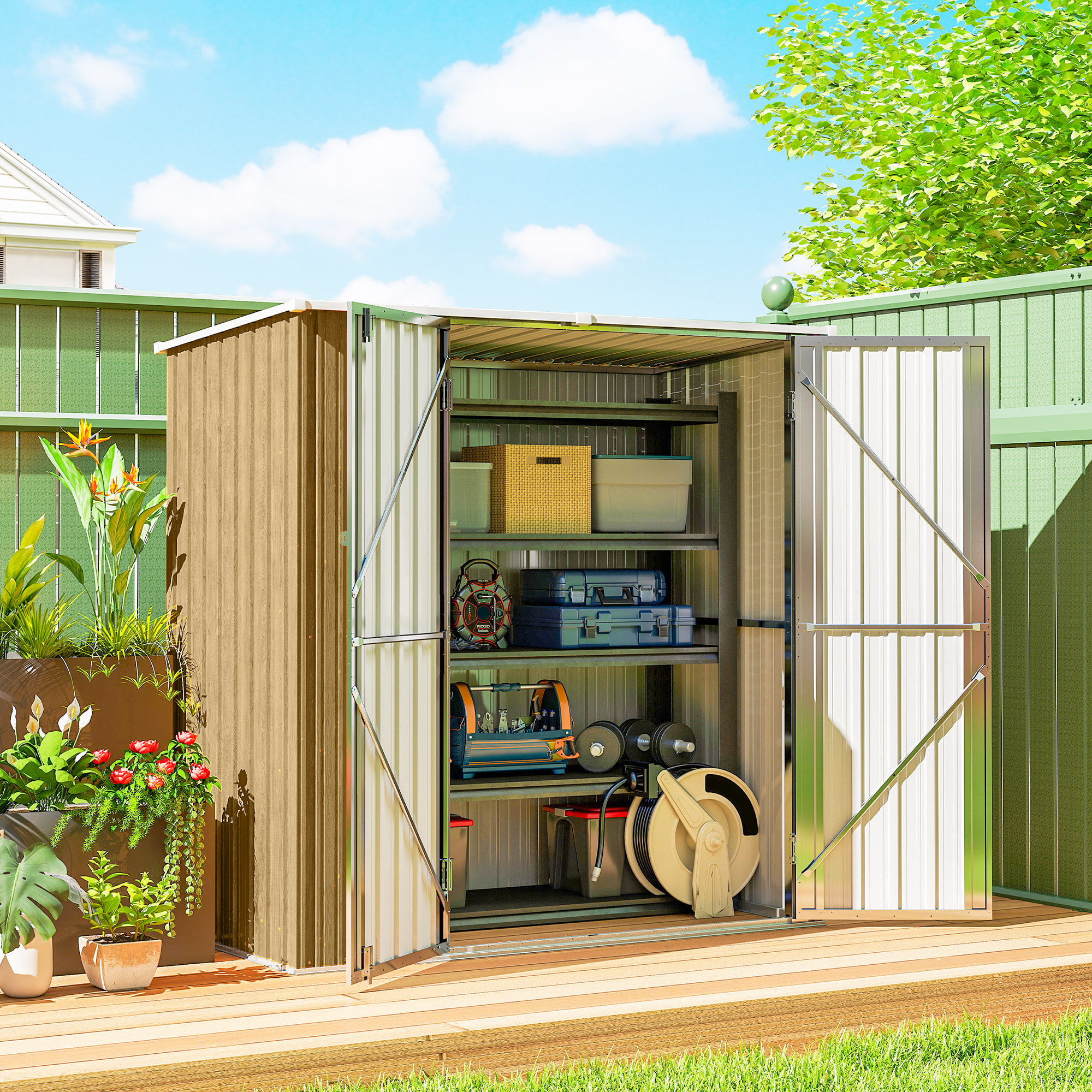 Caseta de Jardín Exterior 1,37 m², 163x89x163 cm, Cobertizo de Jardín Exterior Metálico con Techo Inclinado, Puertas con Pestillo y Guantes para Almacenamiento de Herramientas, Marrón Claro