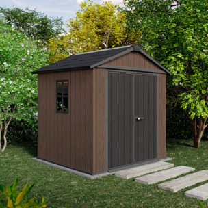 Newton + 757/775 - Casetta da Giardino 223x246x230 cm 2 Ante per deposito attrezzi finitura effetto legno Evotech+ in Resina Marrone e Nero