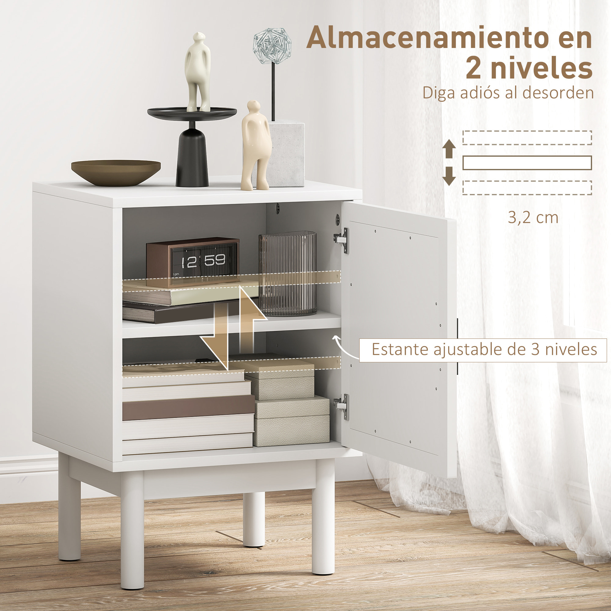 Mesita de Noche Mesilla de Noche con Puerta de Ratán Estante Ajustable y Patas de Madera Estilo Bohemio Mesa Auxiliar para Salón Dormitorio 40x35x58 cm Blanco