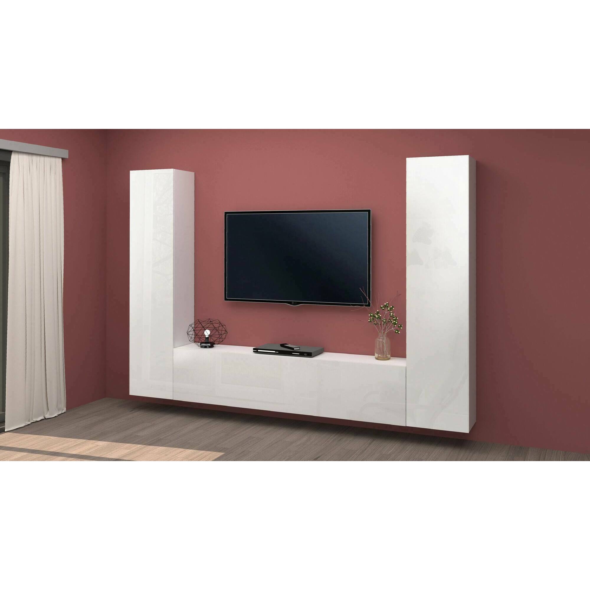 Parete attrezzata Giordano, Set salotto porta TV a 3 ante, Mobile soggiorno multiuso, 100% Made in Italy, cm 260x30h180, Bianco lucido