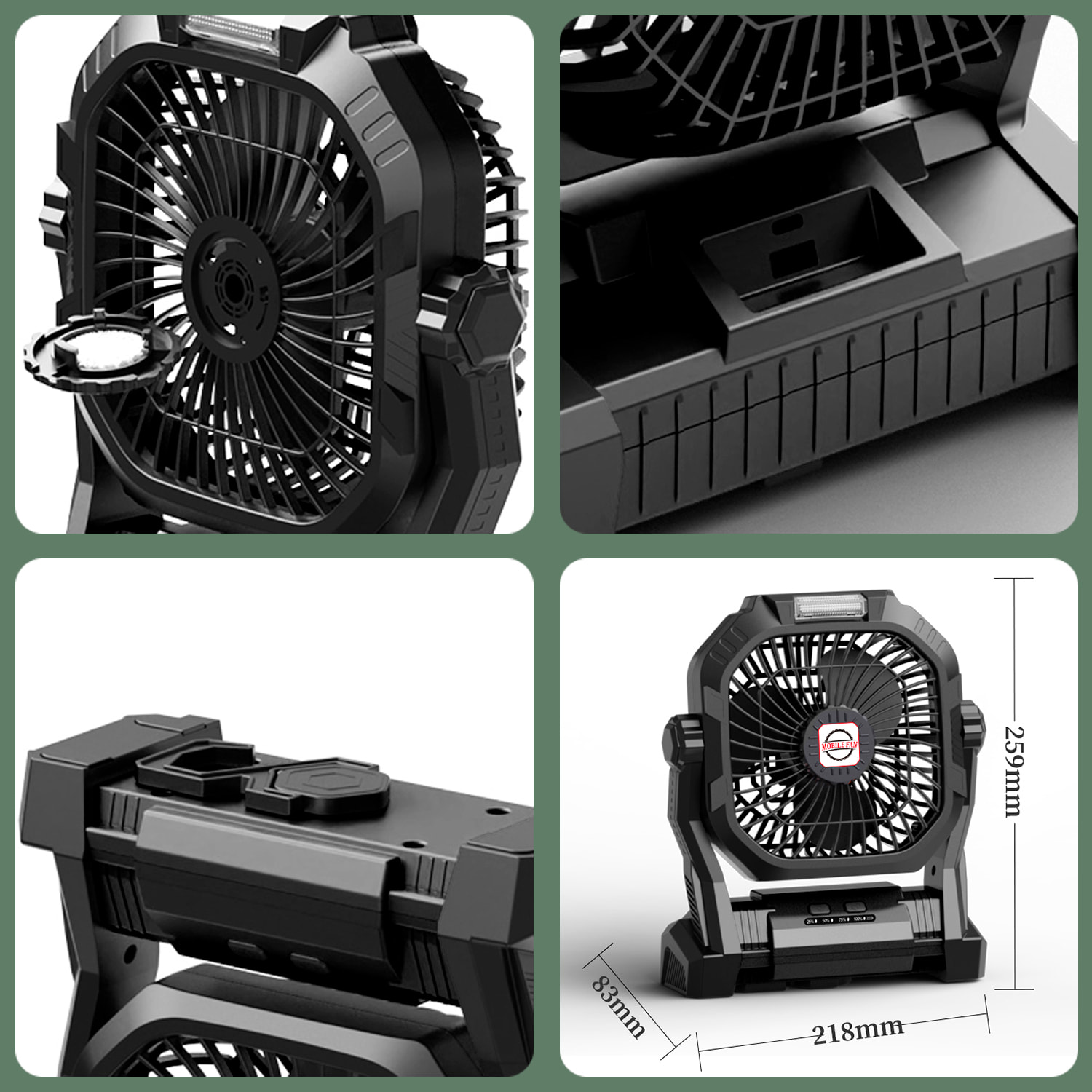 Ventilatore P50 con motore senza spazzole, LED con 8 luci, 4 velocità, 3 livelli di luce. Angolo regolabile di 180º, gancio per appendere e powerbank di 7800 mAh.