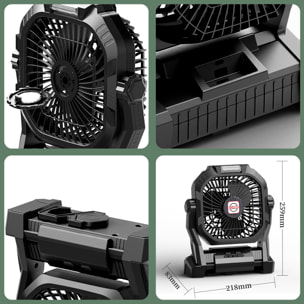 Ventilatore P50 con motore senza spazzole, LED con 8 luci, 4 velocità, 3 livelli di luce. Angolo regolabile di 180º, gancio per appendere e powerbank di 7800 mAh.