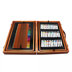 Set professionale per belle arti 174 pezzi in custodia di legno deluxe. Include matite, tubi di vernice acrilica, pastelli, pennarelli, pennelli e accessori.