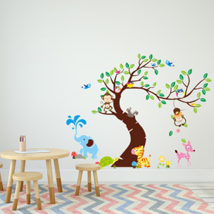 Stickers Muraux décoration adhésifs géant pour enfant - arbre, singes et éléphant